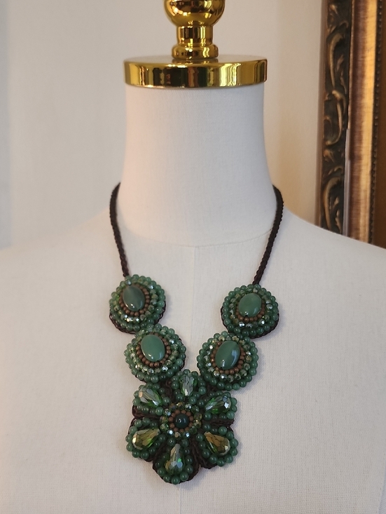 Handmade Jewelry - Green Beaded Statement Necklace Floral Cluster Bib Braided Cord